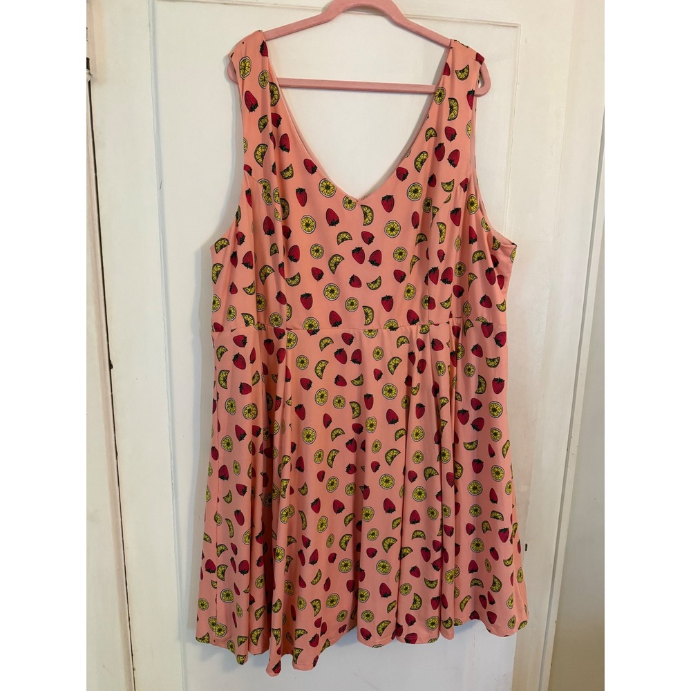 Eva Rose Pink Strawberry Lemon Fruit Print V-Neck Fit Flare Dress 4X 3915